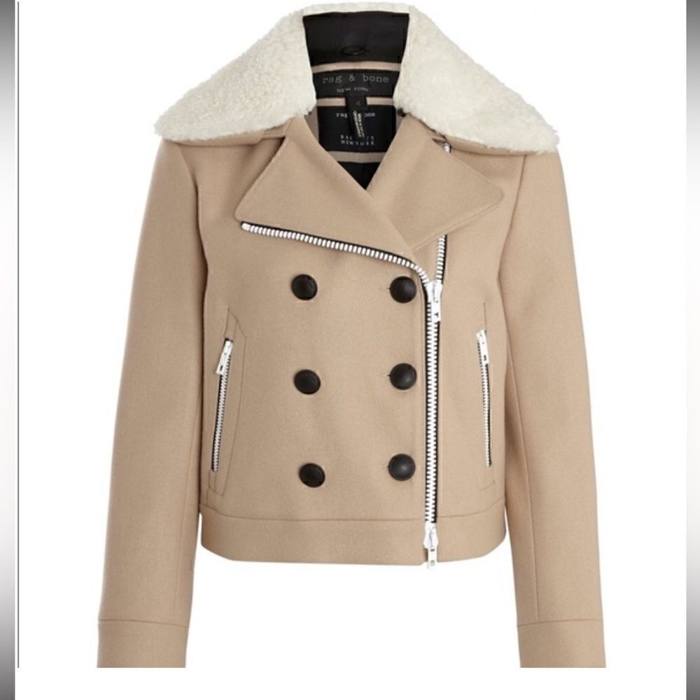 Rag & Bone beige wool and shearling peacoat